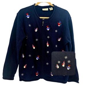 Croft & Barrow Small Black Snowman Snowflake Embroidered Zip Front Sweater